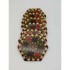 Vtg Japanese Wooden Yosegi-Zaiku Hexagonal 7 PC Drink Coasters Serveware